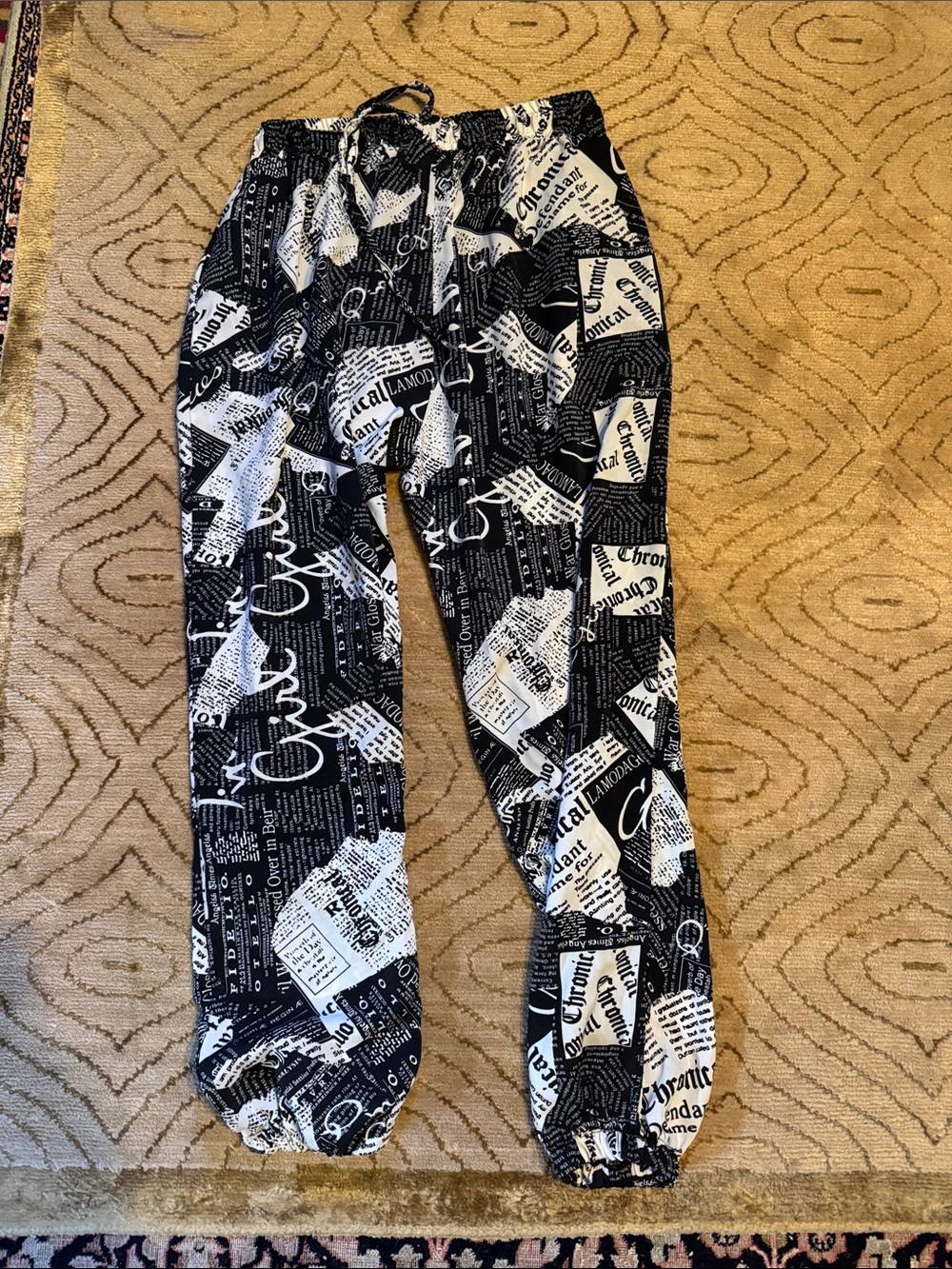 Black & White Newspaper Print Jogger Pants